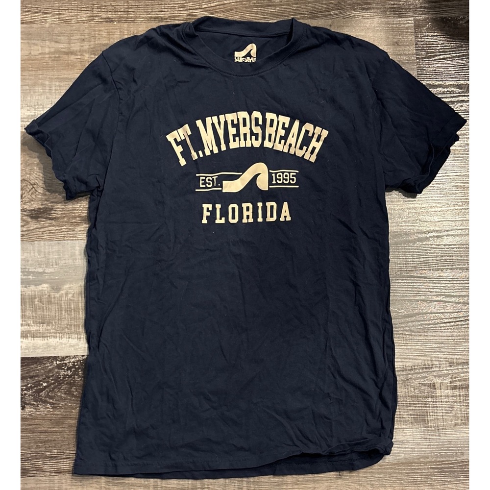 Surf Style Mens Ft Myers Beach Florida Graphic T-Shirt Navy Blue Large L Cotton